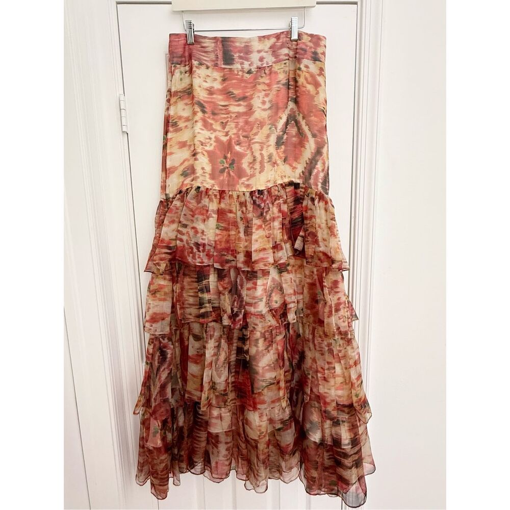 Danielle Rollins Simone Skirt Orange Beige Ikat Silk Organdy Tiered Maxi 12